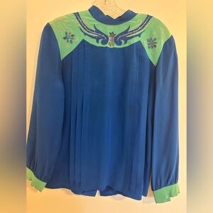 Vintage 80’s Silk Blue and Mint Green Embroidered Women's Blouse